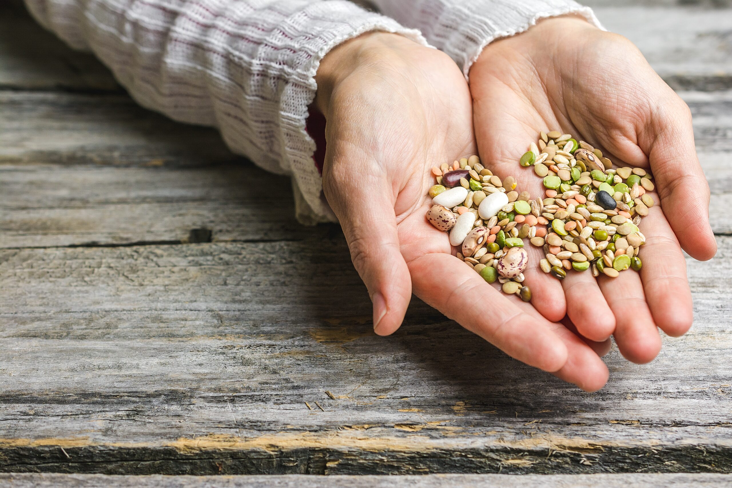 A closeup shot of female hands holding mixed beans